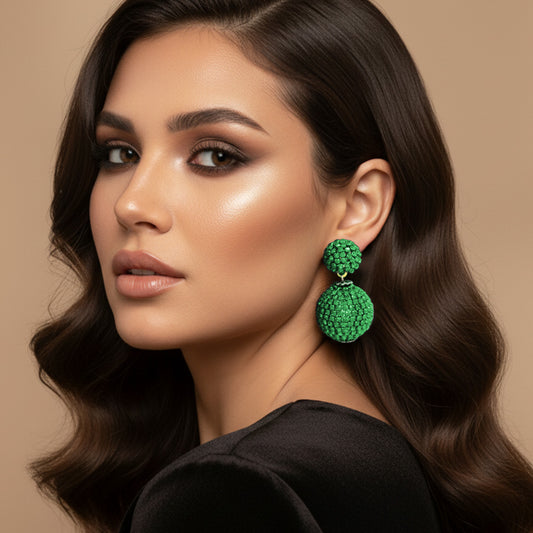 Double Rhinestone Green Ball Dangle Evening Earrings
