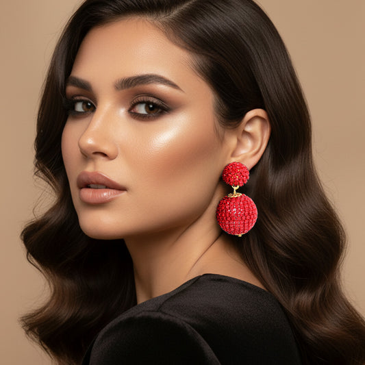 Double Rhinestone Red Ball Dangle Evening Earrings