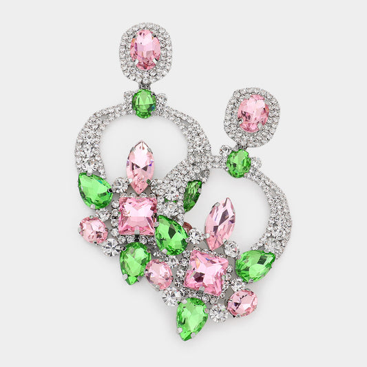 Pink & Green Multi Stone Embellished Dangle Evening Earrings