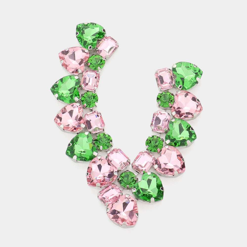 Pink and Green Heart CZ Evening Earrings-M H W ACCESSORIES - M H W ACCESSORIES LLC