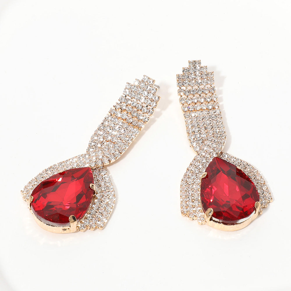 Red Teardrop Glass Paved Evening Earrings