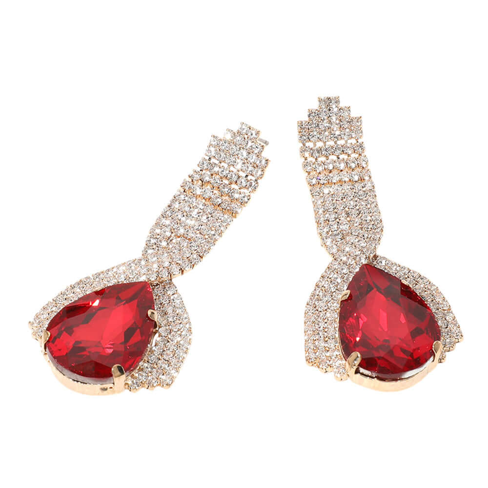 Red Teardrop Glass Paved Evening Earrings