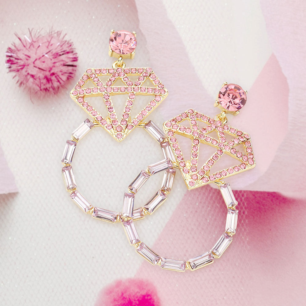 Pink Multi Crystal Diamond Ring Dangle Evening Earrings - M H W ACCESSORIES LLC