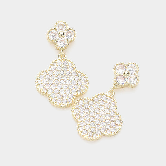 14K Gold Plated CZ Stone Paved Quatrefoil Link Dangle Earrings