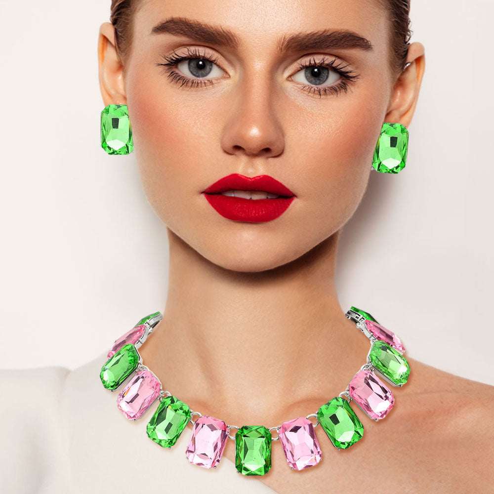Pink & Green Emerald Cut Stone Link Evening Necklace M H W ACCESSORIES LLC Pink & Green Emerald Cut Stone Link Evening Necklace