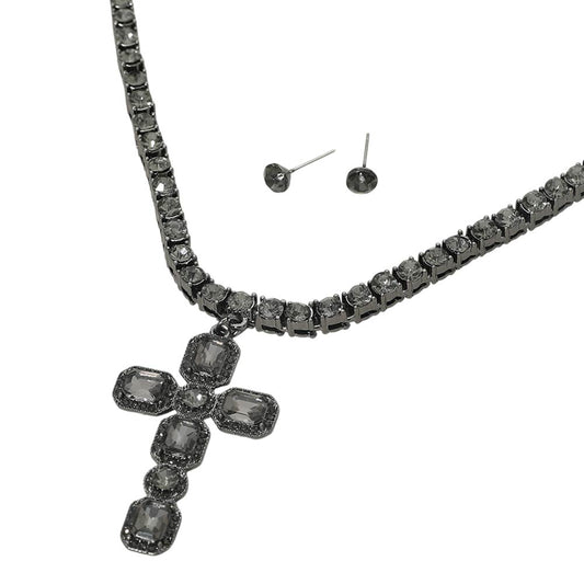 Black Embellished Cross Pendant Bling Studded Chunky Chain Necklace