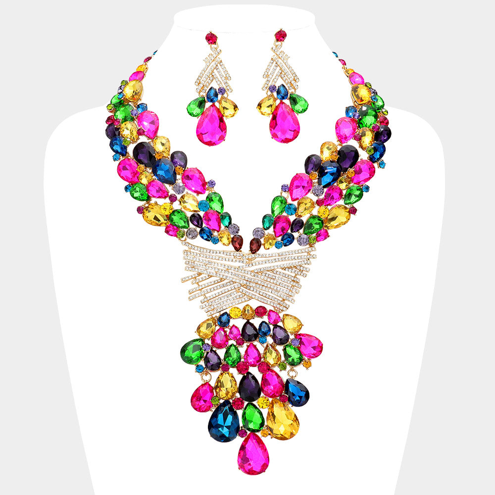 Teardrop Round Multi CZ Embellished Statement Evening Necklace M H W ACCESSORIES LLC Teardrop Round Multi CZ Embellished Statement Evening Necklace