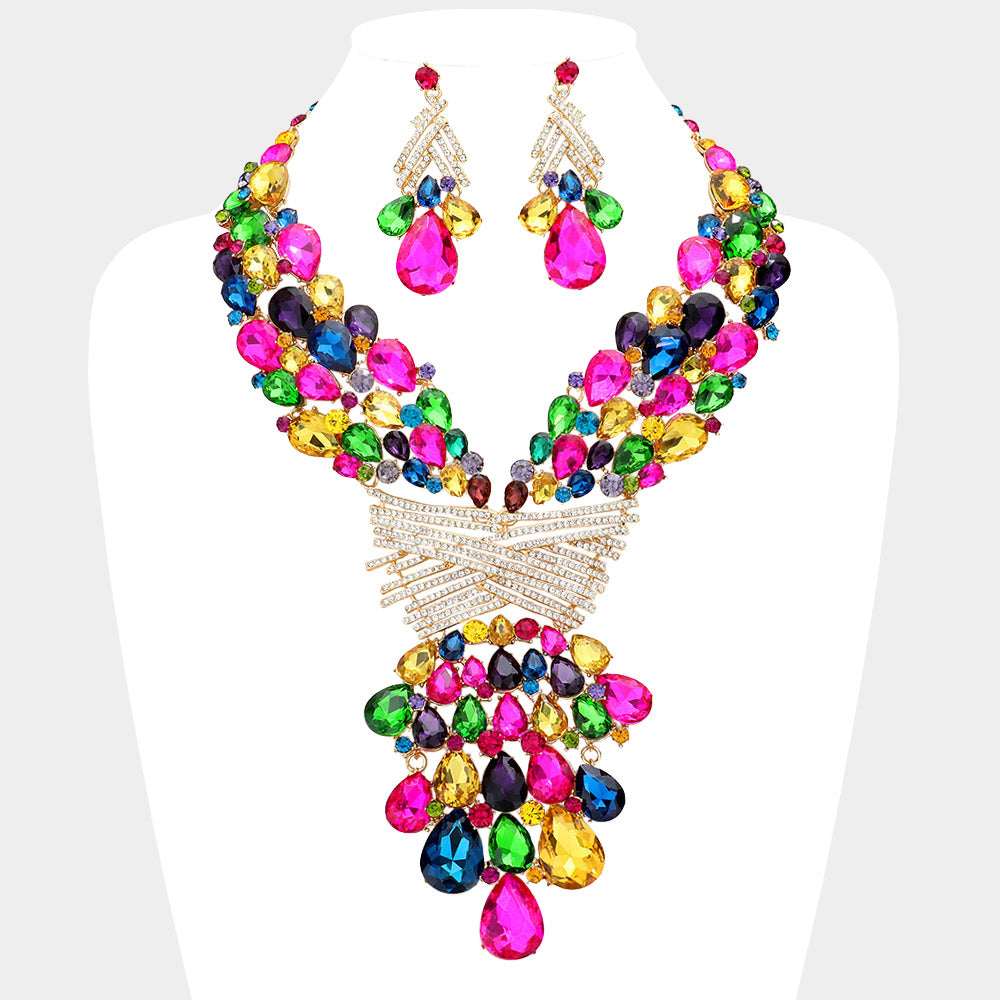 Teardrop Round Multi CZ Embellished Statement Evening Necklace M H W ACCESSORIES LLC Teardrop Round Multi CZ Embellished Statement Evening Necklace