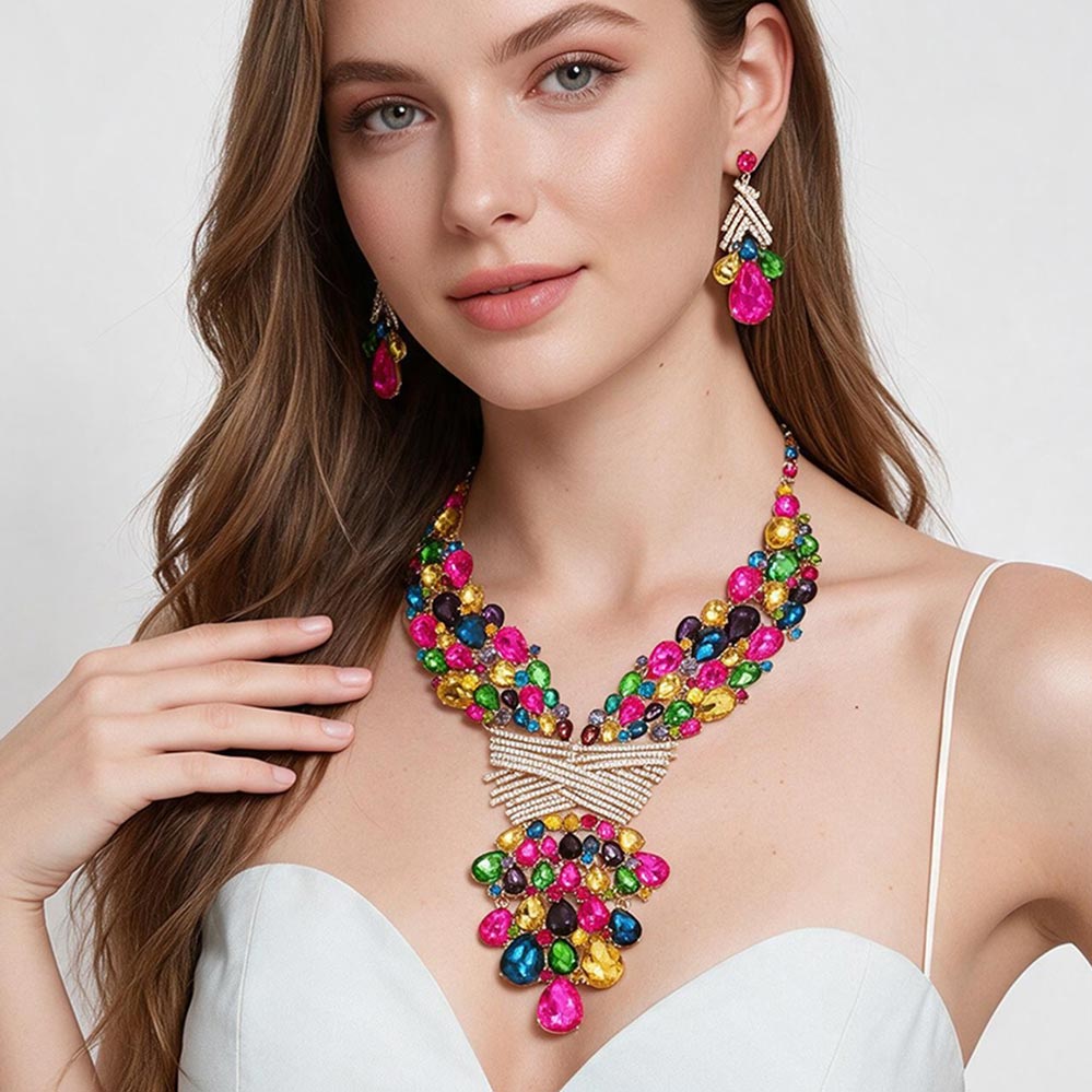 Teardrop Round Multi CZ Embellished Statement Evening Necklace M H W ACCESSORIES LLC Teardrop Round Multi CZ Embellished Statement Evening Necklace