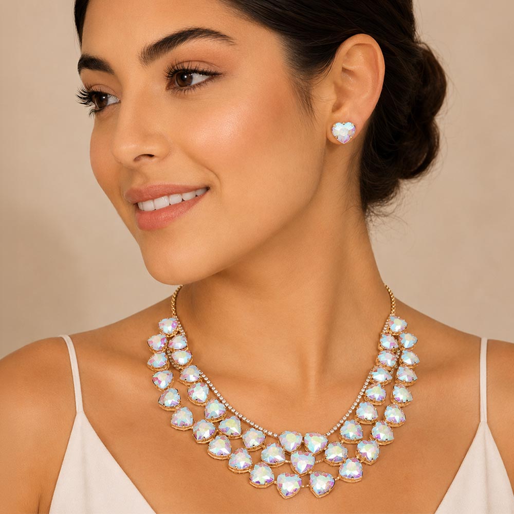 3PCS - Heart Stone Cluster Link Evening Necklace Set