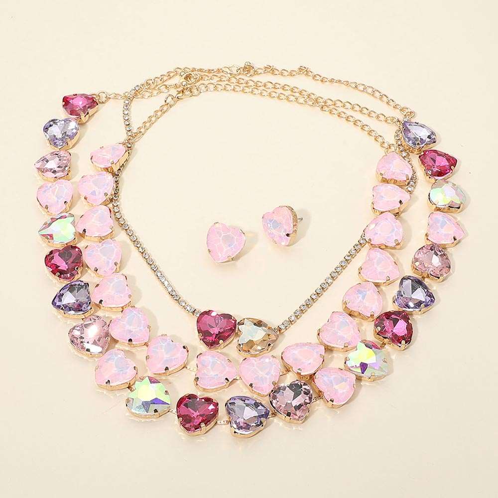 3PCS - Pink Heart  Cluster Link Evening Necklace Set M H W ACCESSORIES LLC 3PCS - Pink Heart  Cluster Link Evening Necklace Set