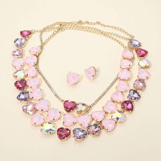 3PCS - Pink Heart  Cluster Link Evening Necklace Set M H W ACCESSORIES LLC 3PCS - Pink Heart  Cluster Link Evening Necklace Set
