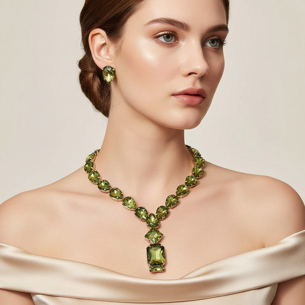 Emerald Cut Oliver Cluster Pendant Pointed Teardrop  Cluster Link Evening Necklace M H W ACCESSORIES LLC Emerald Cut Oliver Cluster Pendant Pointed Teardrop  Cluster Link Evening Necklace
