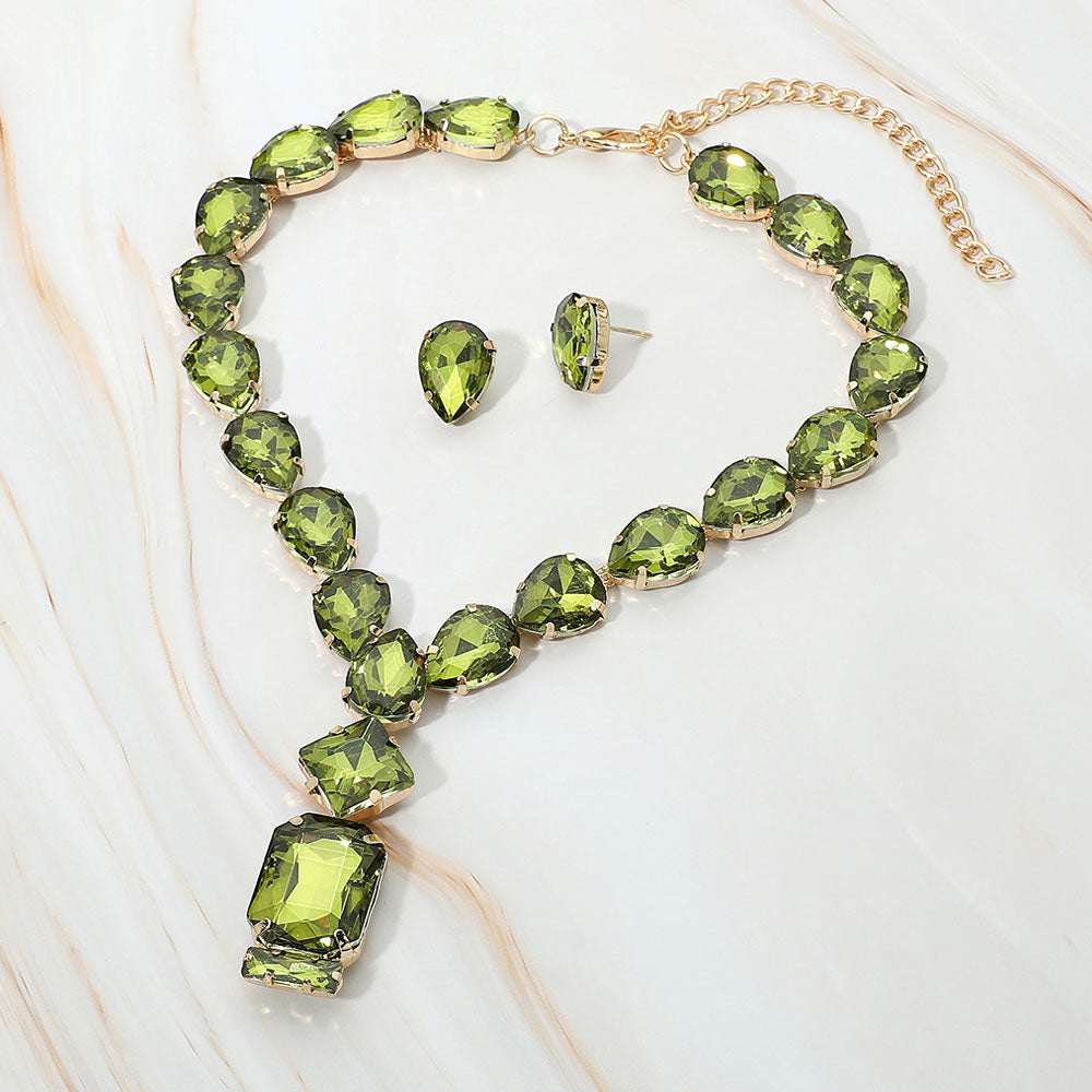 Emerald Cut Oliver Cluster Pendant Pointed Teardrop  Cluster Link Evening Necklace M H W ACCESSORIES LLC Emerald Cut Oliver Cluster Pendant Pointed Teardrop  Cluster Link Evening Necklace