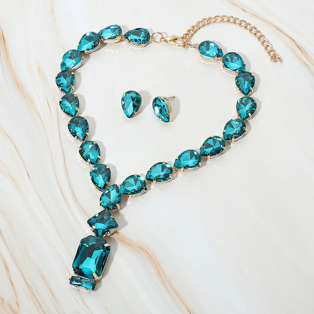 Emerald Cut TurquoiseCluster Pendant Pointed Teardrop  Cluster Link Evening Necklace M H W ACCESSORIES LLC Emerald Cut TurquoiseCluster Pendant Pointed Teardrop  Cluster Link Evening Necklace