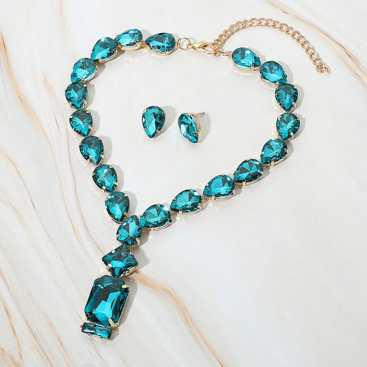 Emerald Cut TurquoiseCluster Pendant Pointed Teardrop  Cluster Link Evening Necklace M H W ACCESSORIES LLC Emerald Cut TurquoiseCluster Pendant Pointed Teardrop  Cluster Link Evening Necklace