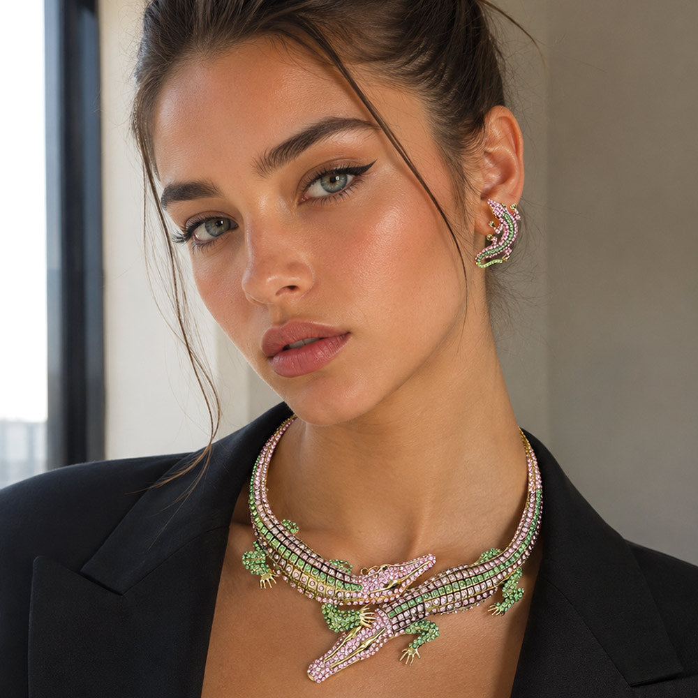 Pink & Green Double Alligator Evening Necklace M H W ACCESSORIES LLC Pink & Green Double Alligator Evening Necklace