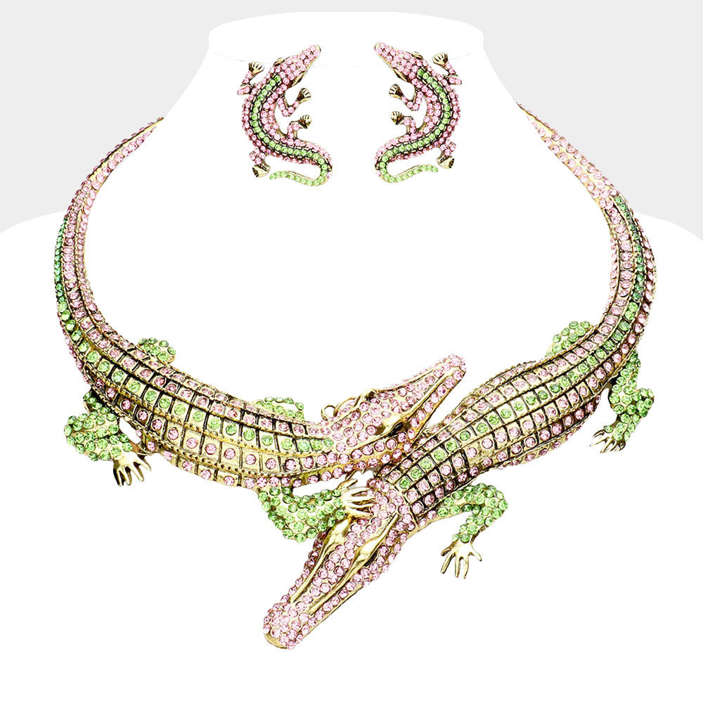 Pink & Green Double Alligator Evening Necklace M H W ACCESSORIES LLC Pink & Green Double Alligator Evening Necklace