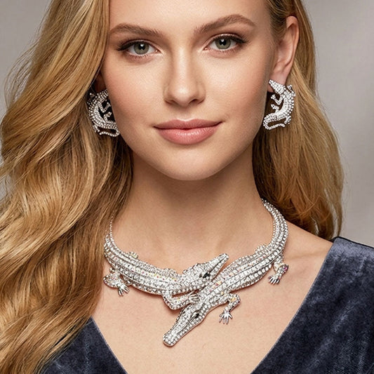 Silver Double Alligator Evening Necklace for Women M H W ACCESSORIES LLC Silver Double Alligator Evening Necklace for Women