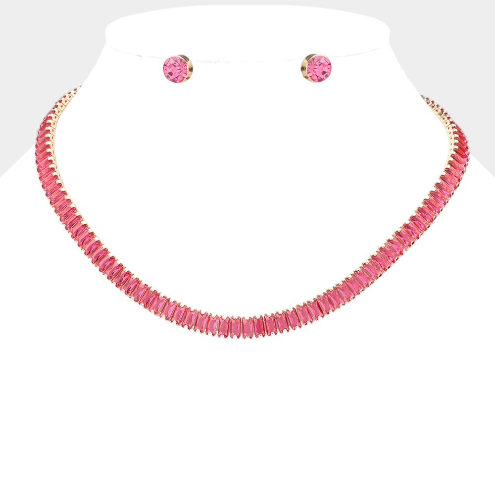 Baguette Fuchsia & Gold  Elegant Cluster Evening Necklace M H W ACCESSORIES LLC Baguette Fuchsia & Gold  Elegant Cluster Evening Necklace