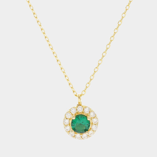Emerald Green Gold Dipped CZ Round Pendant Necklace - M H W ACCESSORIES LLC