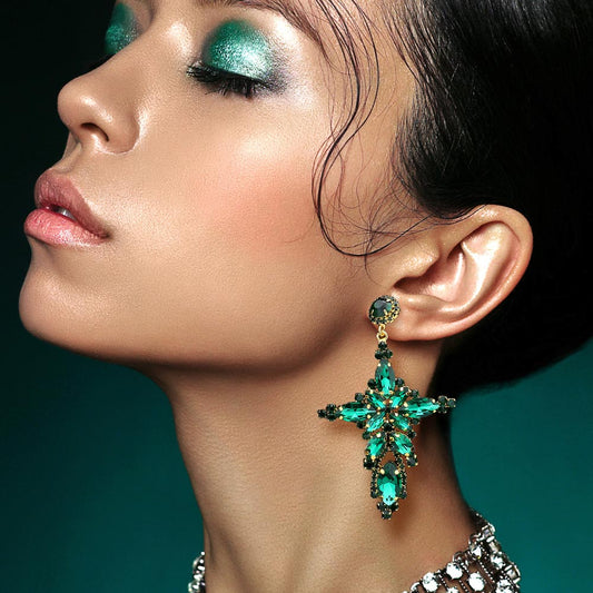 Emerald Marquise Stone Cluster Cross Dangle Evening Earrings - M H W ACCESSORIES LLC
