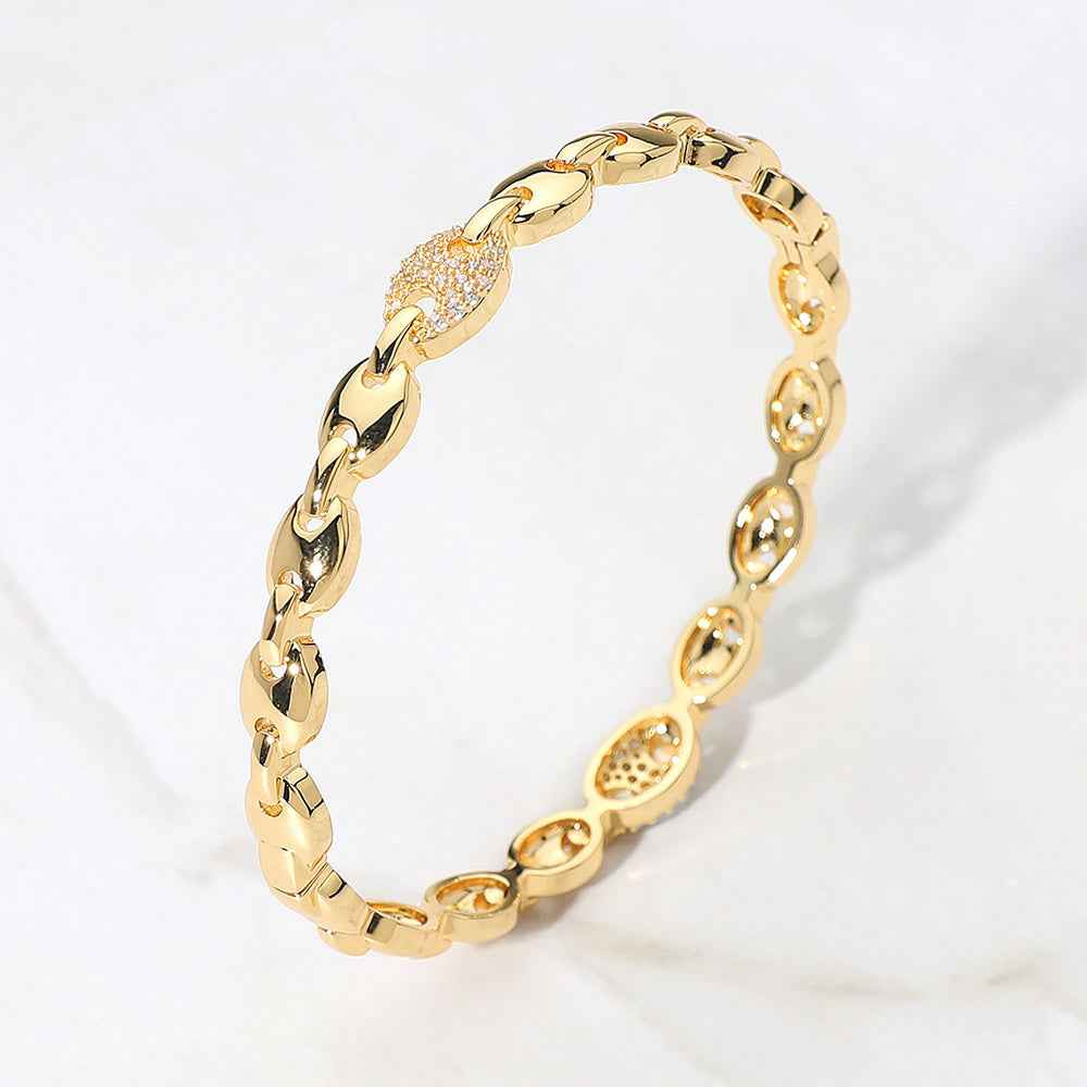 18K Gold Dipped Paved Accent Mariner Link Hinged Bangle Bracelet