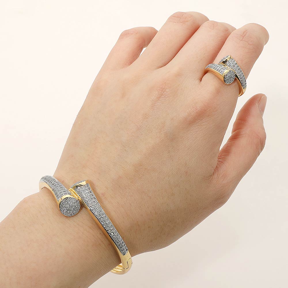 CZ Gold Paved Nail Cuff Hinged Bracelet & Adjustable Ring Set M H W ACCESSORIES LLC CZ Gold Paved Nail Cuff Hinged Bracelet & Adjustable Ring Set