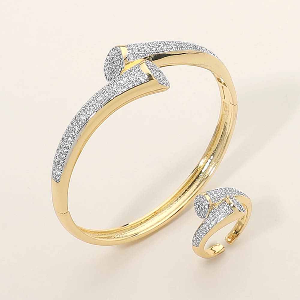 CZ Gold Paved Nail Cuff Hinged Bracelet & Adjustable Ring Set M H W ACCESSORIES LLC CZ Gold Paved Nail Cuff Hinged Bracelet & Adjustable Ring Set