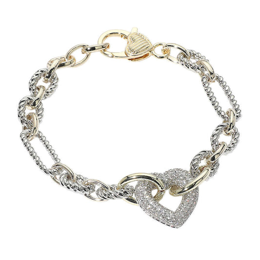 14K Gold Plated CZ Stone Paved Heart Link Two Tone Chain Bracelet