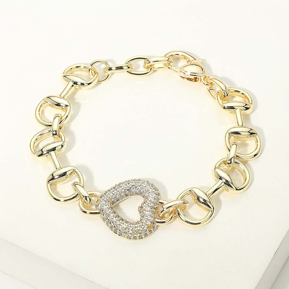 14K Gold Plated CZ Pave Open Heart Charm Horsebit Link Chain Bracelet