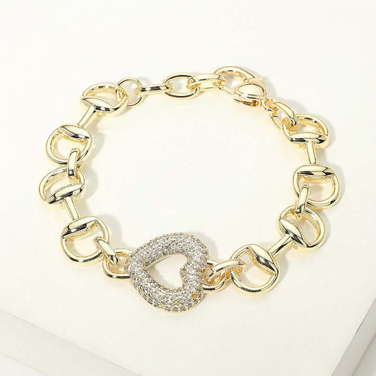 14K Gold Plated CZ Pave Open Heart Charm Horsebit Link Chain Bracelet