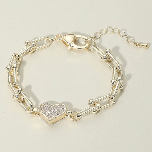 14K Gold Plated CZ Paved Heart Link Chain Bracelet - M H W ACCESSORIES LLC