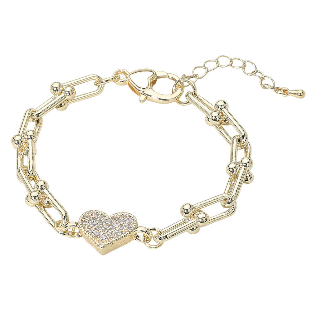 14K Gold Plated CZ Paved Heart Link Chain Bracelet - M H W ACCESSORIES LLC
