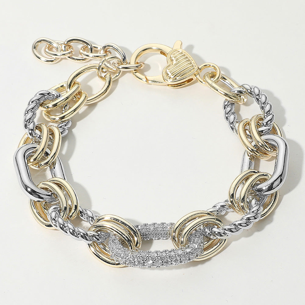 14K Gold Plated Two Tone CZ Stone Paved Mariner Link Bracelet