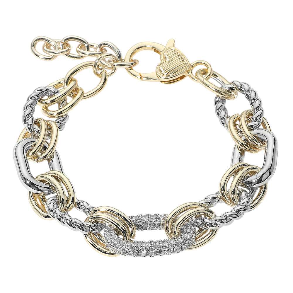 14K Gold Plated Two Tone CZ Stone Paved Mariner Link Bracelet M H W ACCESSORIES LLC 14K Gold Plated Two Tone CZ Stone Paved Mariner Link Bracelet