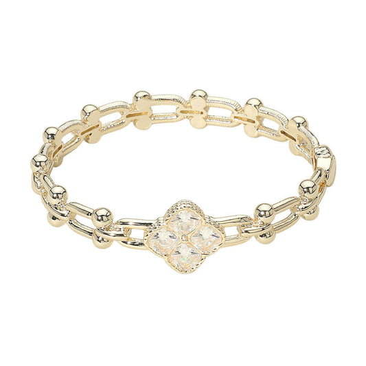 14K Gold Plated CZ Clover Accent Hinged Bangle Bracelet