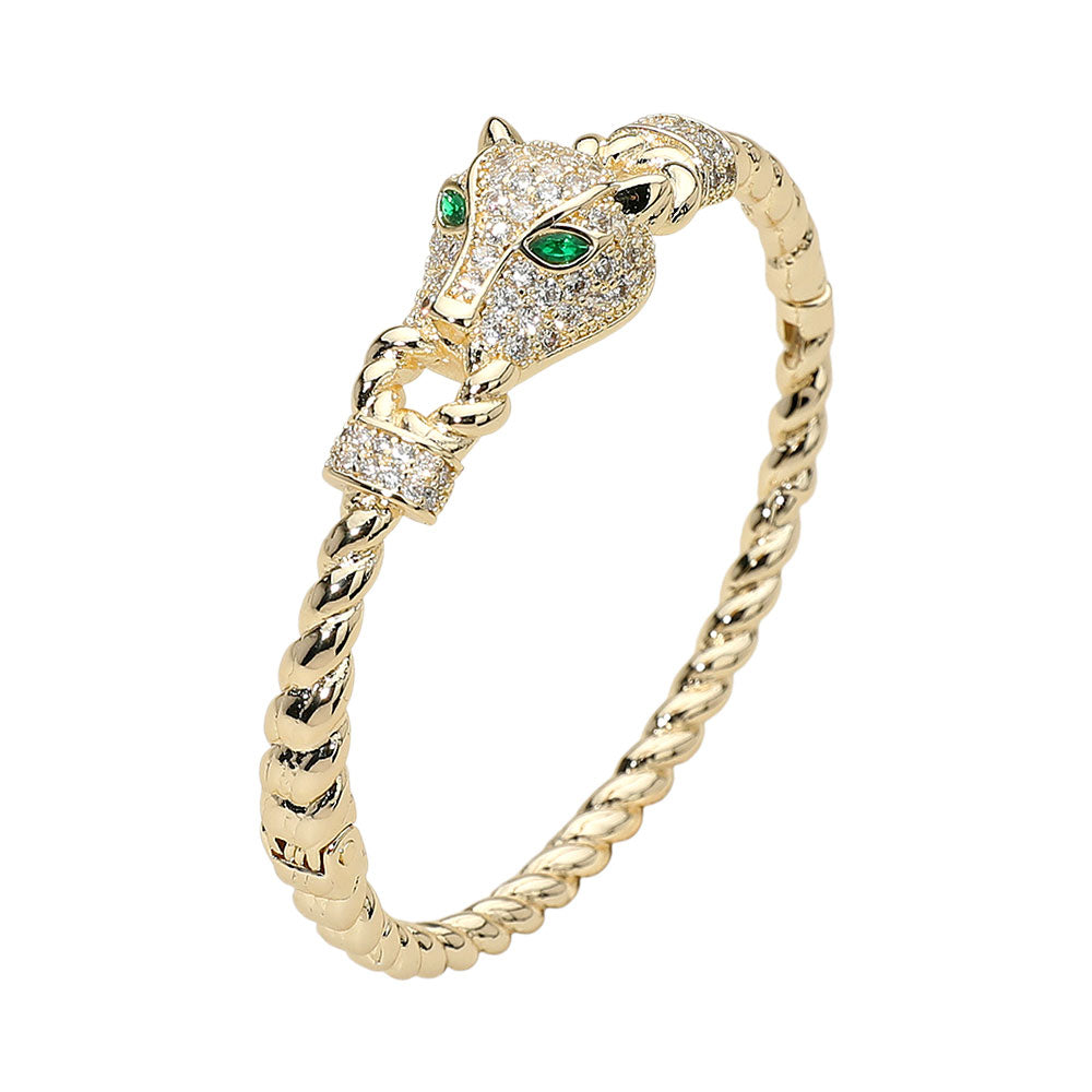 14K Gold Plated CZ Paved Leopard Panther Head Accent Hinged Bangle Bracelet M H W ACCESSORIES LLC 14K Gold Plated CZ Paved Leopard Panther Head Accent Hinged Bangle Bracelet