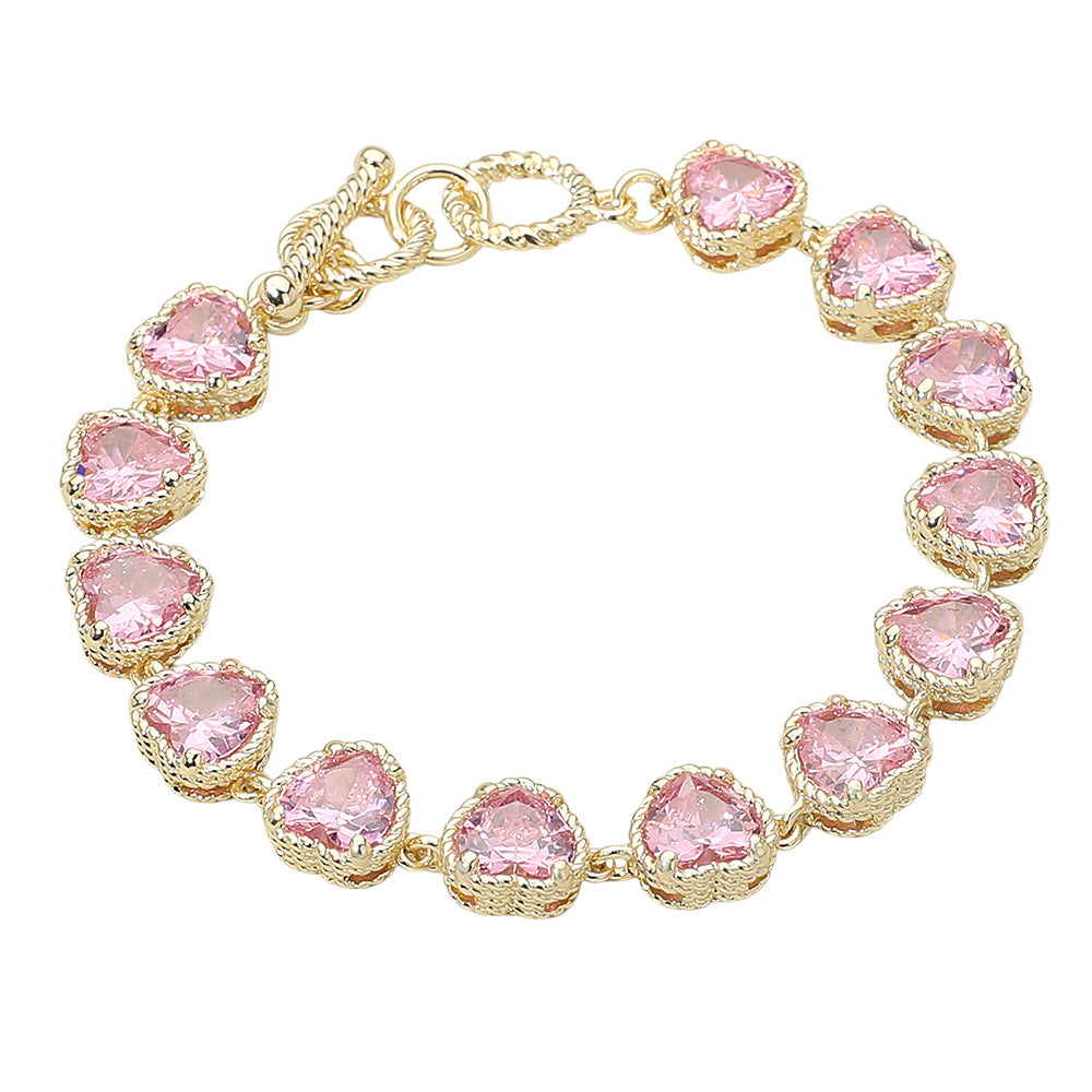 14K Gold Plated CZ Heart Stone Cluster Link Toggle Bracelet