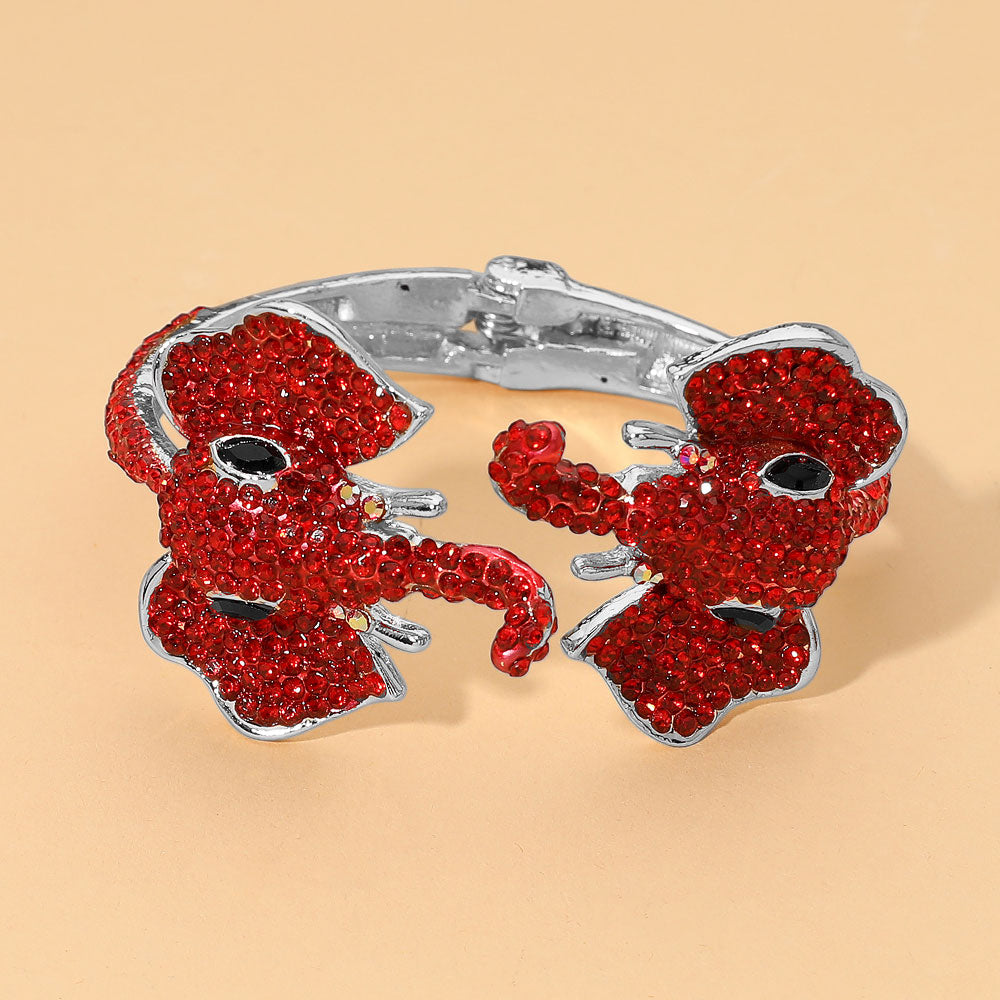 Rhinestone Pave Double Red Elephant Hinged Bangle Bracelet M H W ACCESSORIES LLC Rhinestone Pave Double Red Elephant Hinged Bangle Bracelet