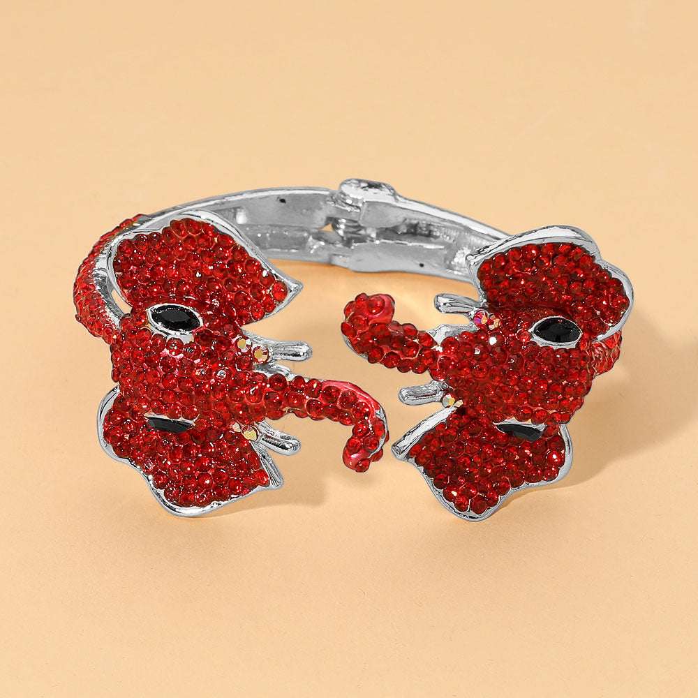 Rhinestone Pave Double Red Elephant Hinged Bangle Bracelet M H W ACCESSORIES LLC Rhinestone Pave Double Red Elephant Hinged Bangle Bracelet