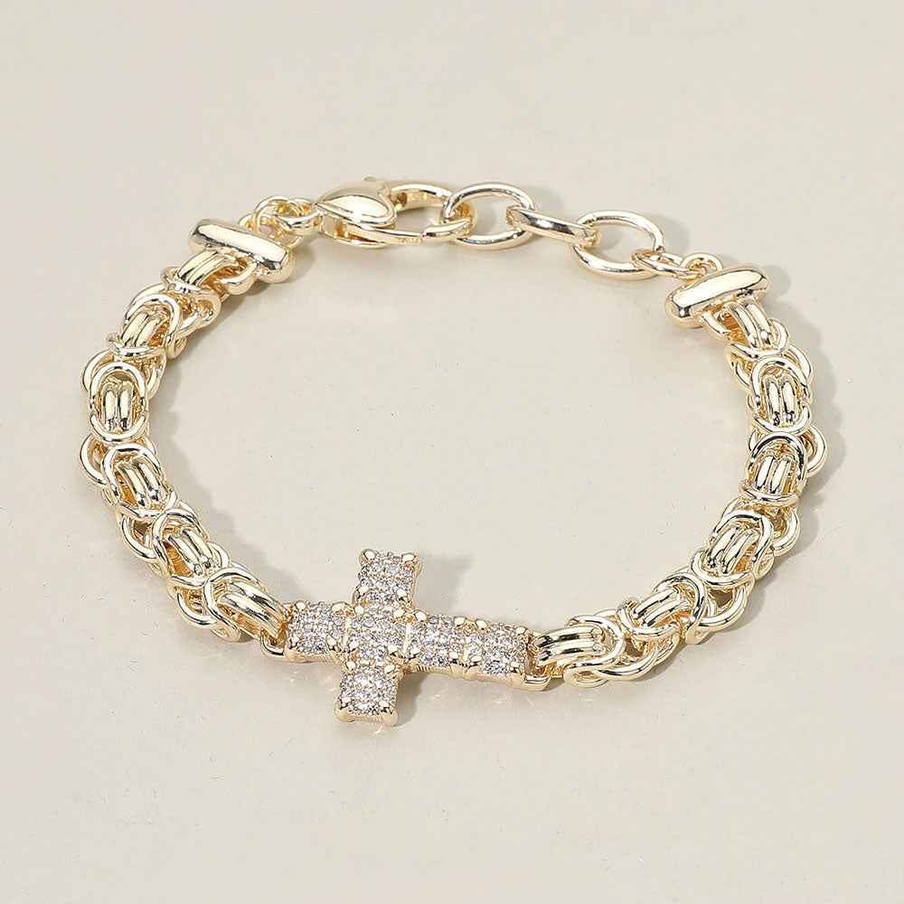 14K Gold Plated CZ Stone Paved Cross Accent Abstract Chain Bracelet