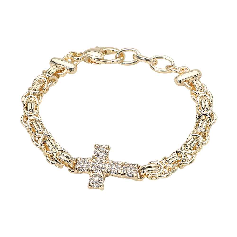 14K Gold Plated CZ Stone Paved Cross Accent Abstract Chain Bracelet