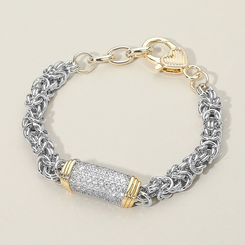 14K Gold Plated CZ Paved Bar Centerpiece Two Tone Mixed Link Chain Bracelet