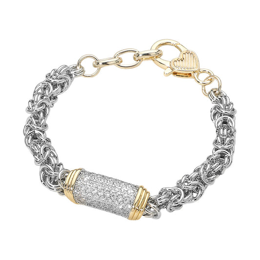 14K Gold Plated CZ Paved Bar Centerpiece Two Tone Mixed Link Chain Bracelet