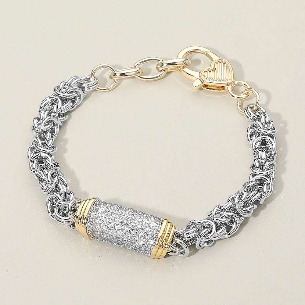 14K Gold Plated CZ Paved Bar Centerpiece Two Tone Mixed Link Chain Bracelet M H W ACCESSORIES LLC 14K Gold Plated CZ Paved Bar Centerpiece Two Tone Mixed Link Chain Bracelet