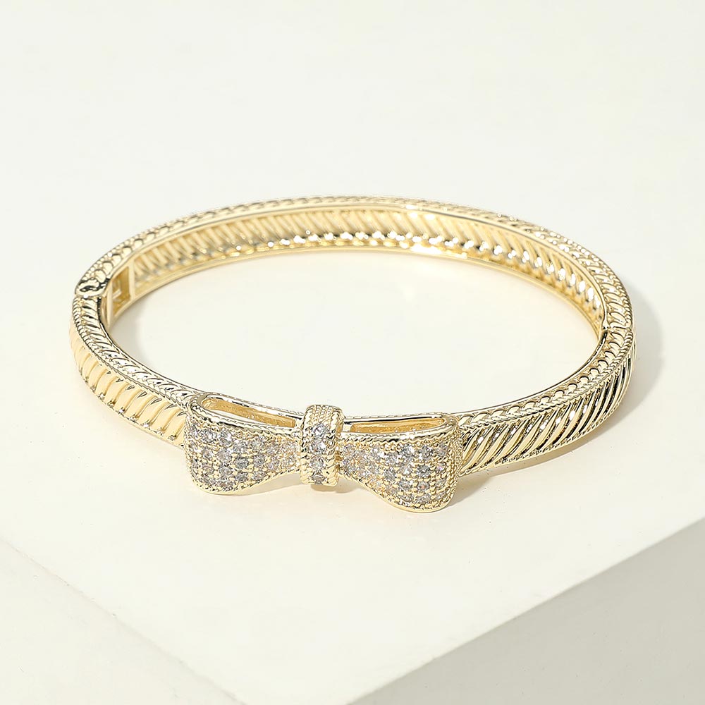14k Gold Plated CZ Pave Bow Accent Cable Hinged Bangle Bracelet