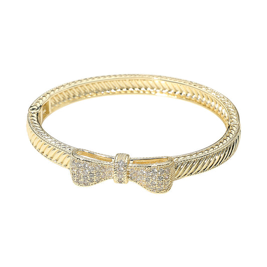 14k Gold Plated CZ Pave Bow Accent Cable Hinged Bangle Bracelet