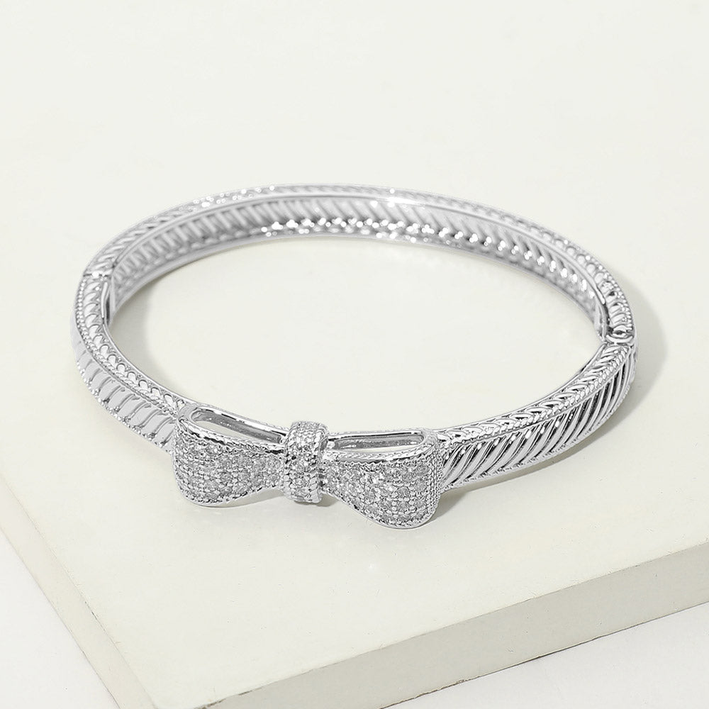 14k Gold Plated CZ Pave Bow Accent Cable Hinged Bangle Bracelet
