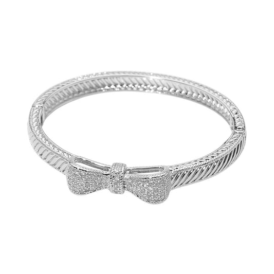 14k Gold Plated CZ Pave Bow Accent Cable Hinged Bangle Bracelet